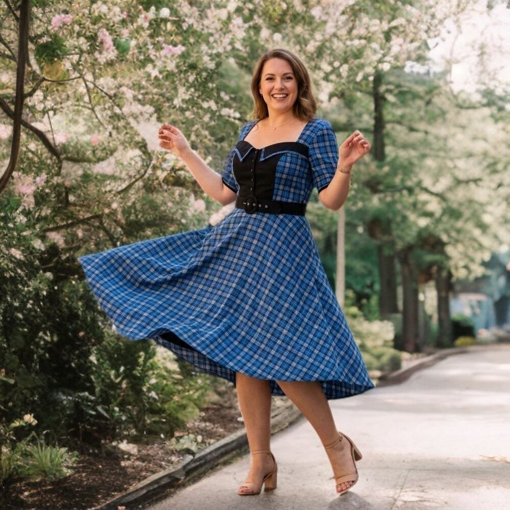 Timeless London Vintage Swing Midi Dress Check Fit & Flare Princess Pocket Sz 14